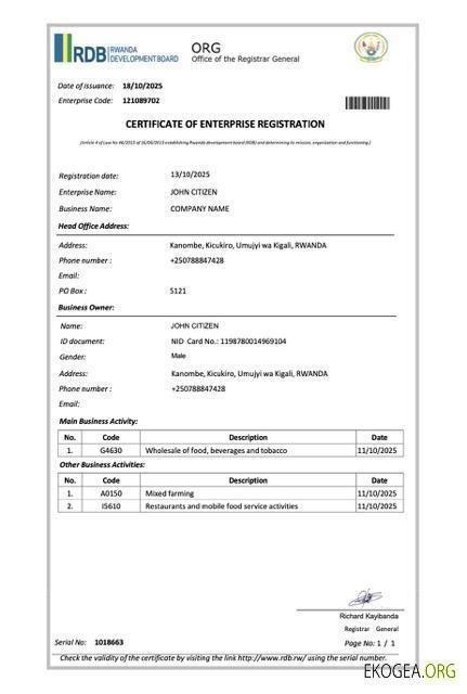 Modèle Word et PDF de certificat d'enregistrement d'entreprise au Rwanda template